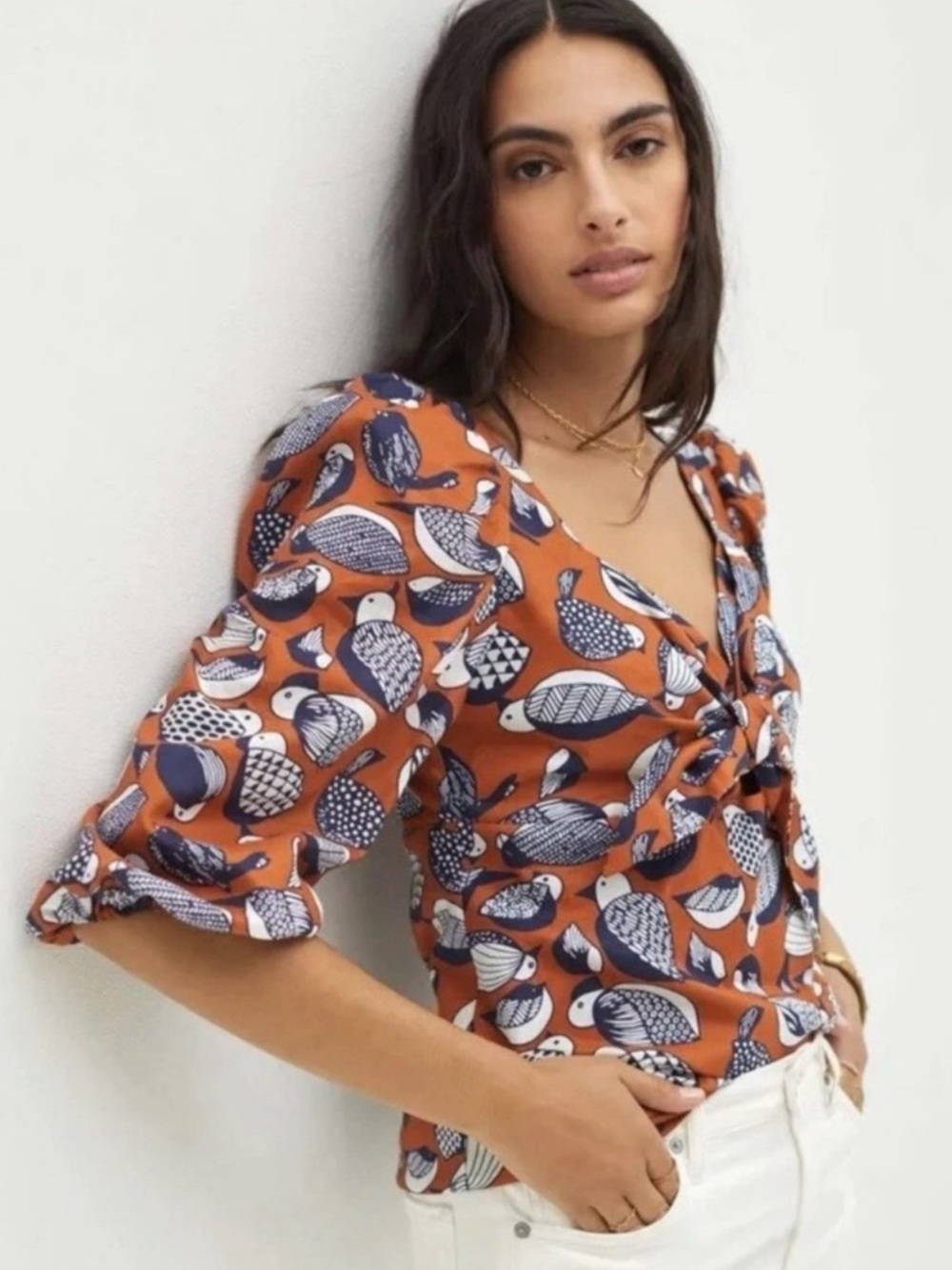 Anthropologie Eva Franco Whimsical Bird Puff Sleeve Sweetheart Blouse Size 6